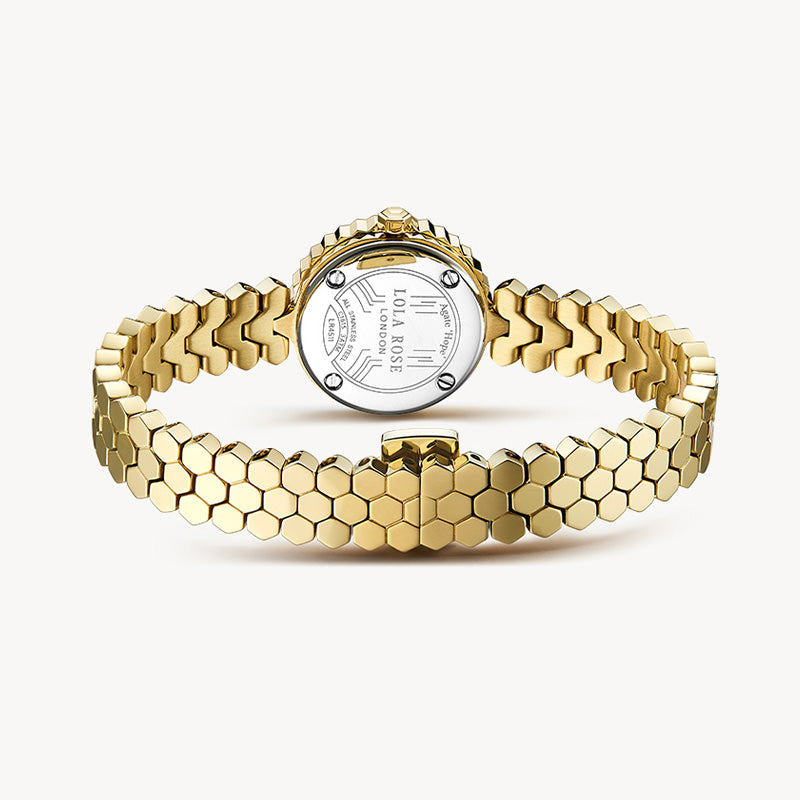Relógio dourado minimalista com pulseira geométrica de luxo